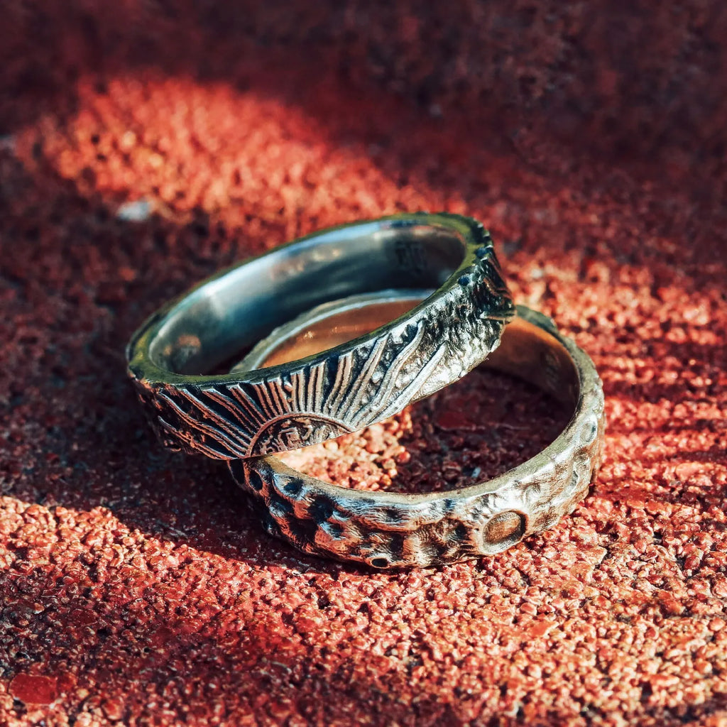 Sterling Silver Couple Rings, Handmade Couple Ring Set, Sun Moon Promise Band.