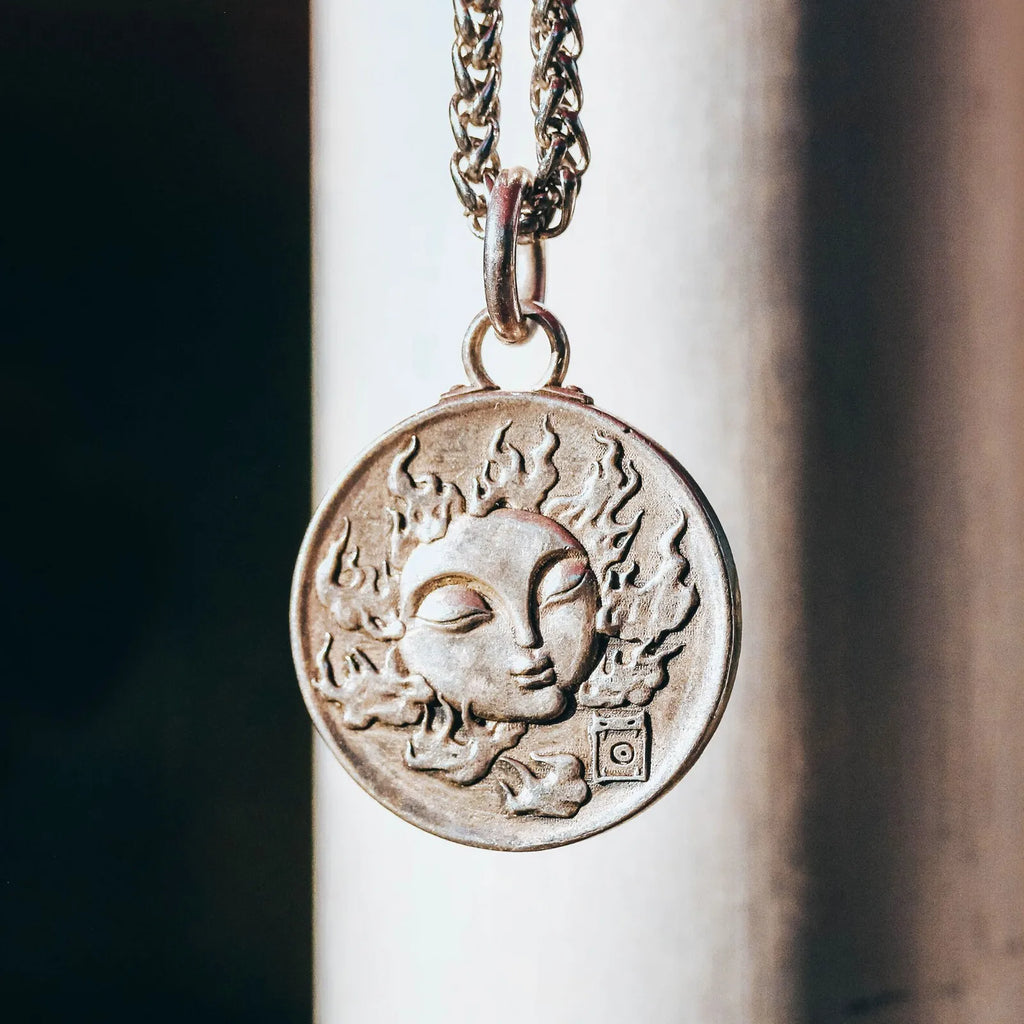 Sterling Silver Sun and Moon Coin Necklace. Embossed Disc Pendant. Gift for him.