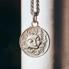 Load image into Gallery viewer, Sterling Silver Sun and Moon Coin Necklace. Embossed Disc Pendant. Gift for him.