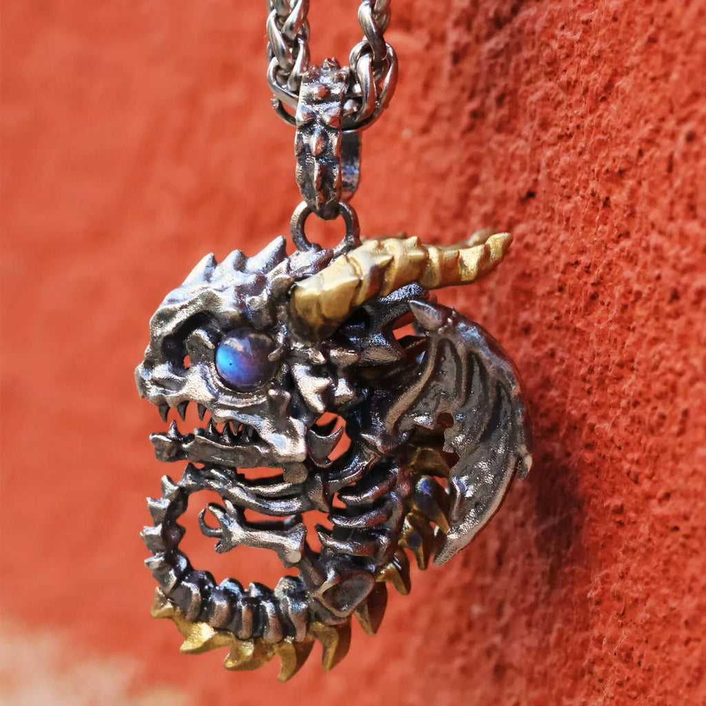 Skeleton Dragon Pendant. Handmade necklace. Sterling Silver. Gift For Him.