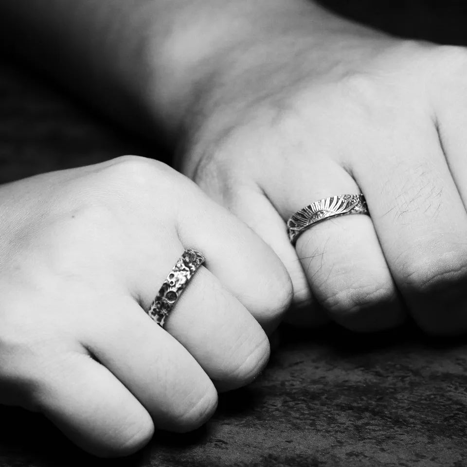 Sterling Silver Couple Rings, Handmade Couple Ring Set, Sun Moon Promise Band.