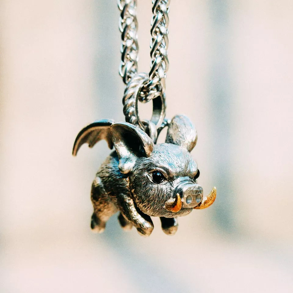 Flying Pig Pendant. 925 Silver Necklace. When Pigs Fly. Handmade necklace.