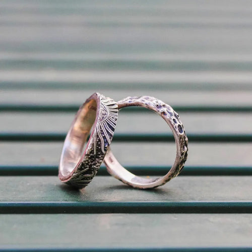 Sterling Silver Couple Rings, Handmade Couple Ring Set, Sun Moon Promise Band.