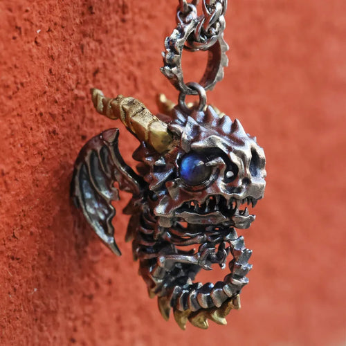 Skeleton Dragon Pendant. Handmade necklace. Sterling Silver. Gift For Him.