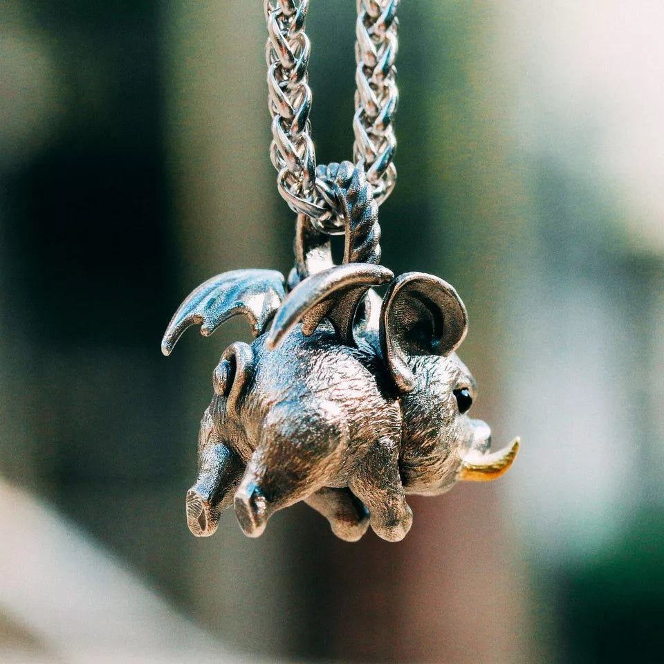 Flying Pig Pendant. 925 Silver Necklace. When Pigs Fly. Handmade necklace.