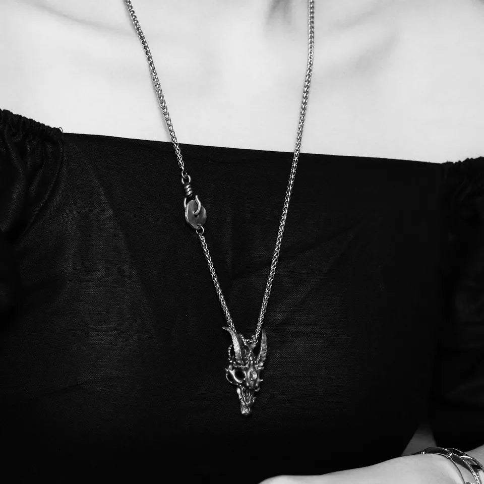 Skeleton Dragon Pendant. Handmade necklace. Sterling Silver. Gift For Him.