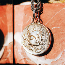 Load image into Gallery viewer, Sterling Silver Sun and Moon Coin Necklace. Embossed Disc Pendant. Gift for him.