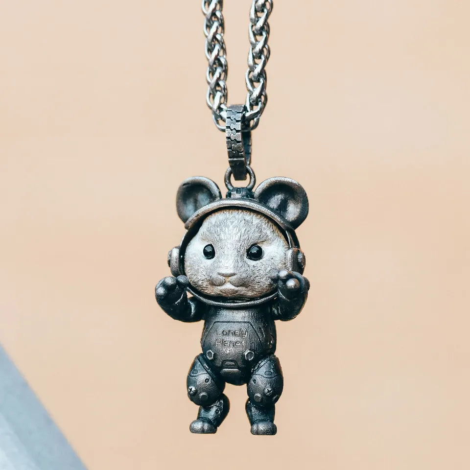 Sterling Silver Hamster Astronaut Pendant, s925 Silver Spacemen Charm