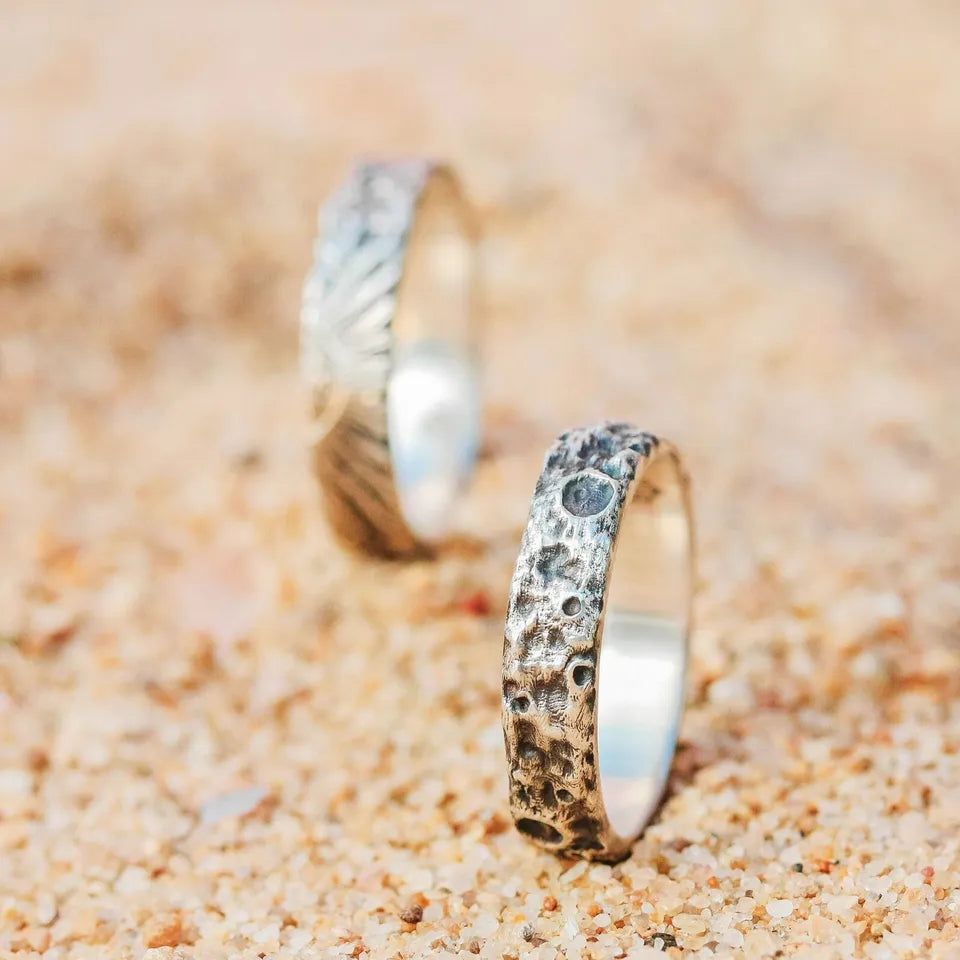 Sterling Silver Couple Rings, Handmade Couple Ring Set, Sun Moon Promise Band.
