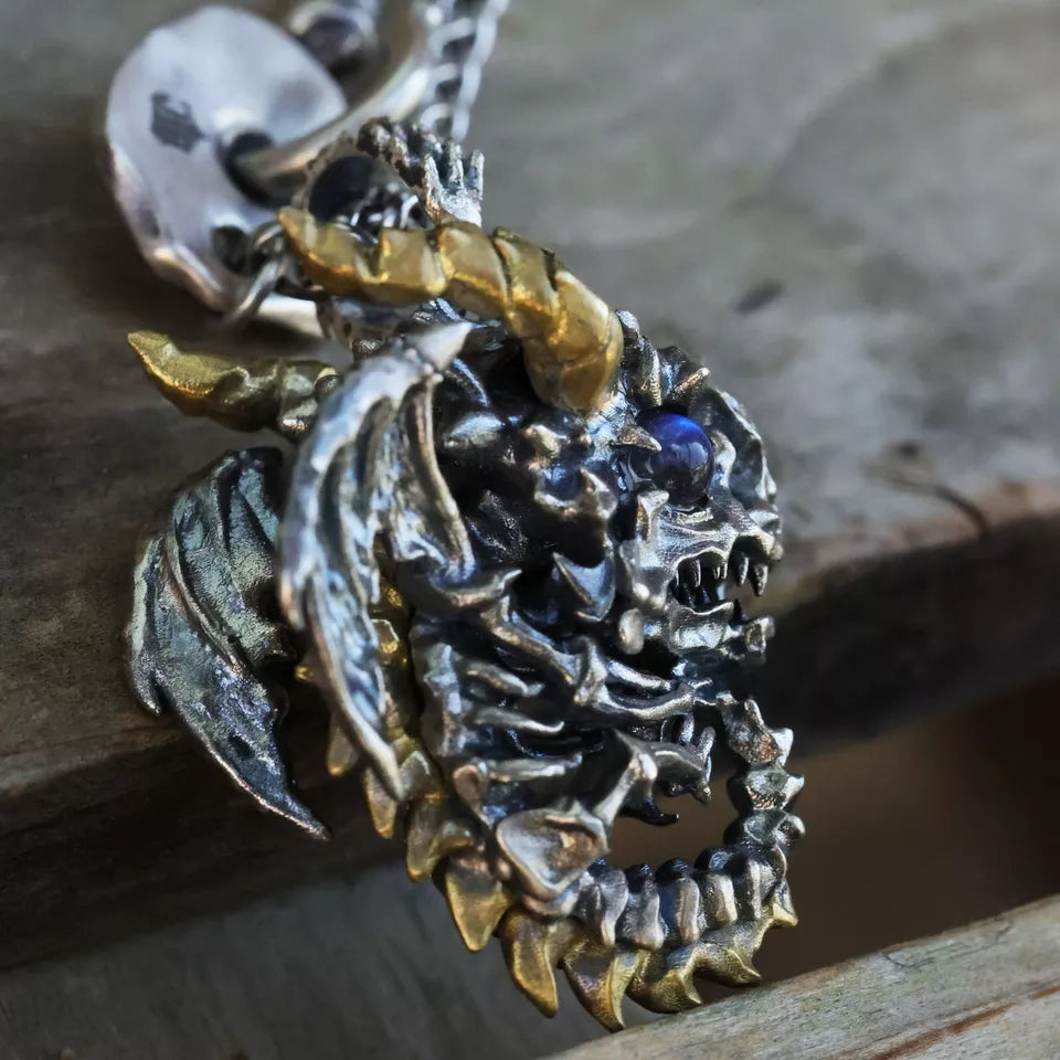Skeleton Dragon Pendant. Handmade necklace. Sterling Silver. Gift For Him.