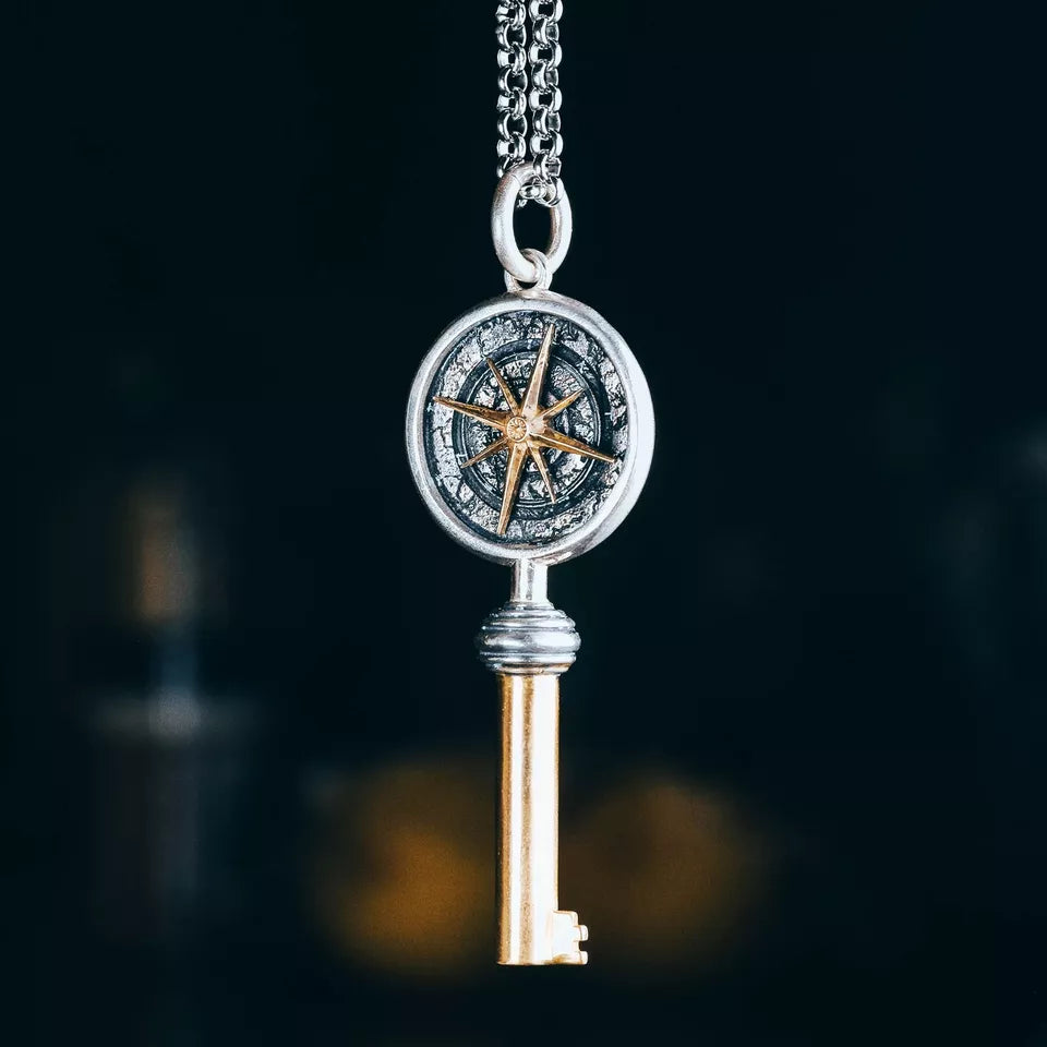 Keys to Mars Pendant, Handmade Sterling Silver&Brass Necklace, Gift for him.