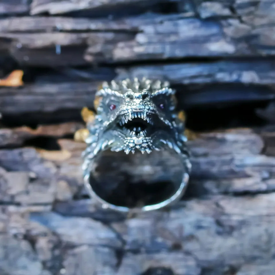 Mythical Beast Ring, Unique Jewelry, Handmade Dragon Ring. Silver&18K Gold Ring.