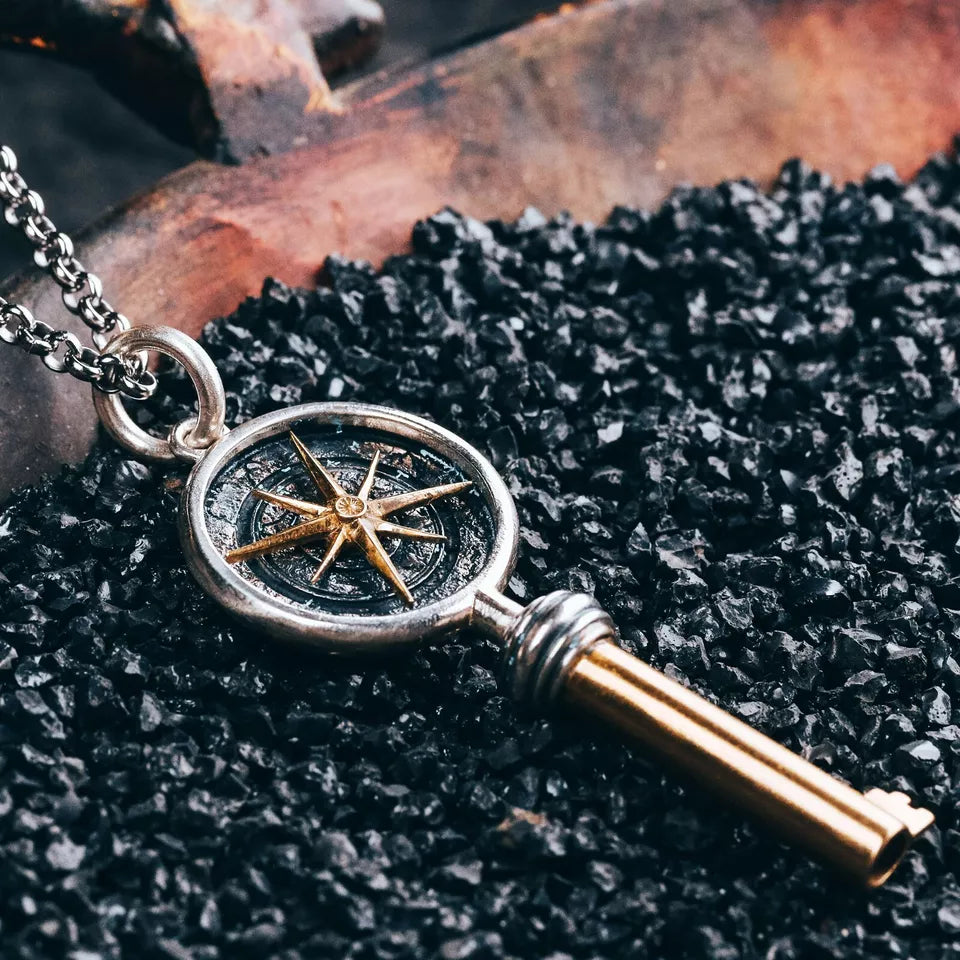 Keys to Mars Pendant, Handmade Sterling Silver&Brass Necklace, Gift for him.