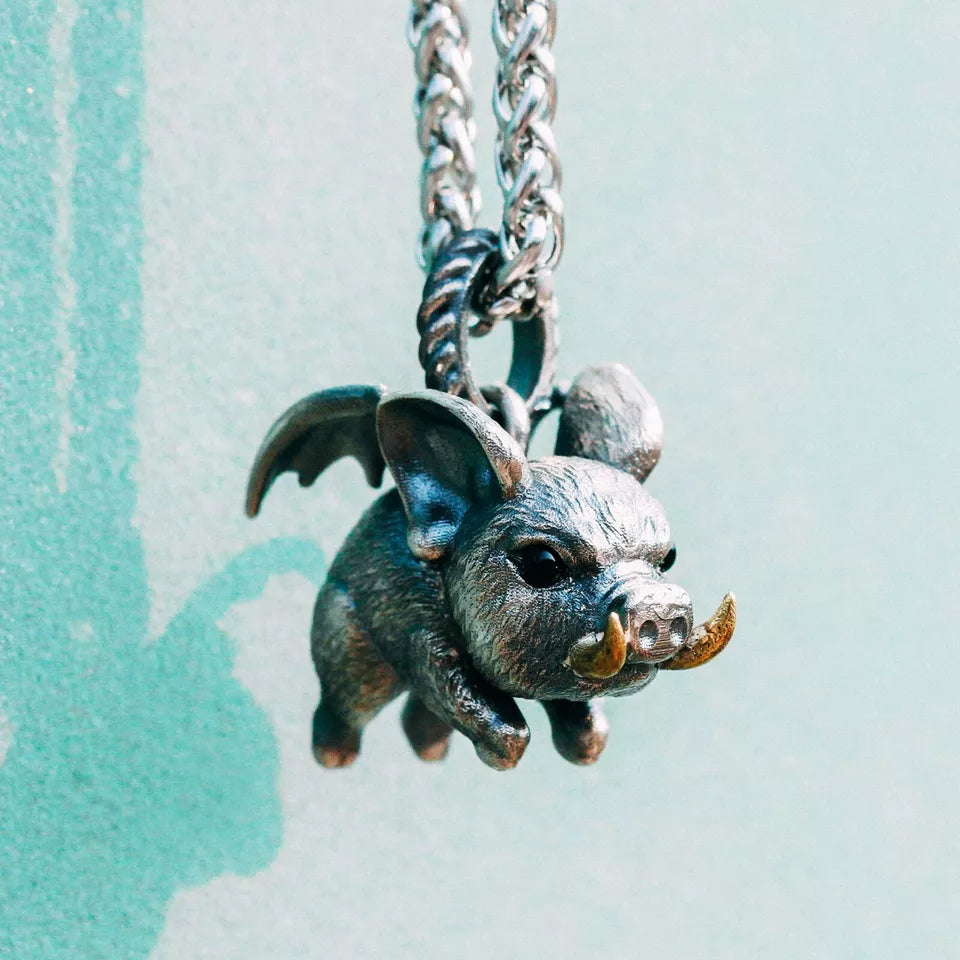 Flying Pig Pendant. 925 Silver Necklace. When Pigs Fly. Handmade necklace.