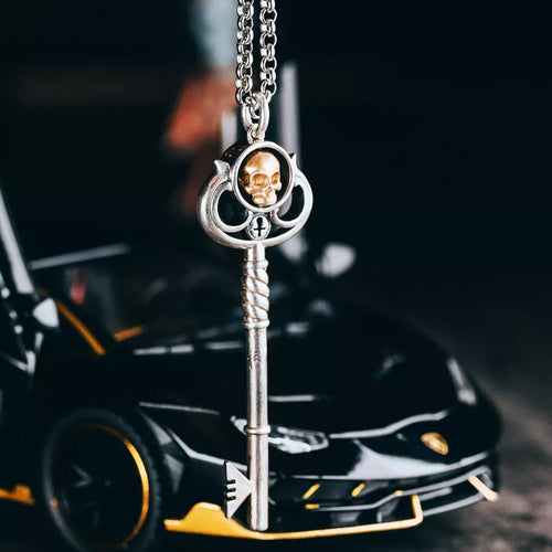 925Silver Key Pendant, Handmade Sterling Silver Skull Necklace, Gift for him.