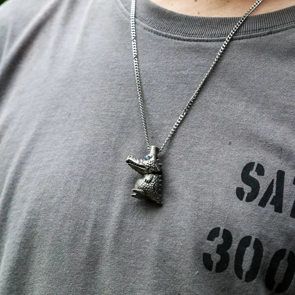 Silver Crocodile Pendant. Gift for Him. Handmade Necklace. Wild Animal Jewelry.