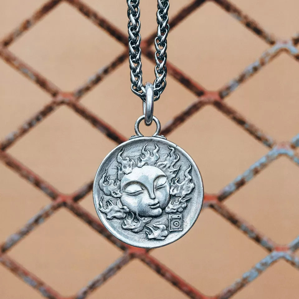 Sterling Silver Sun and Moon Coin Necklace. Embossed Disc Pendant. Gift for him.