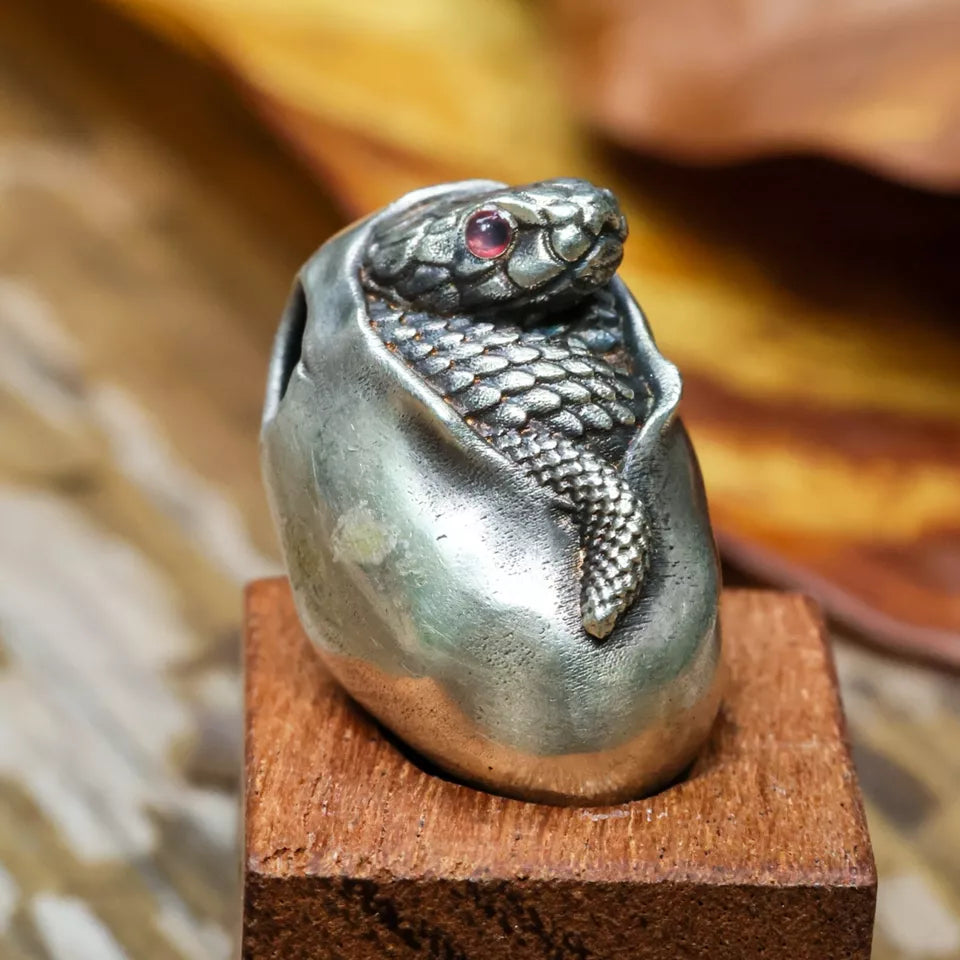 Reptile Animal Pendant. Hatched Snake Pendant. Sterling Silver Egg Necklace.