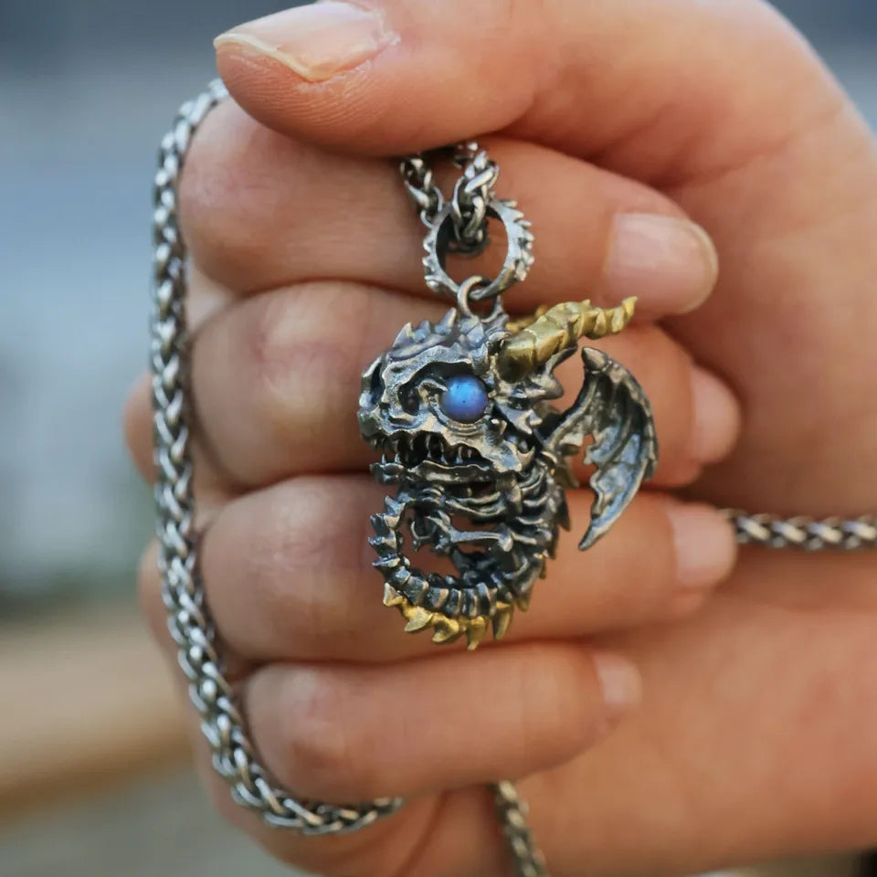 Skeleton Dragon Pendant. Handmade necklace. Sterling Silver. Gift For Him.