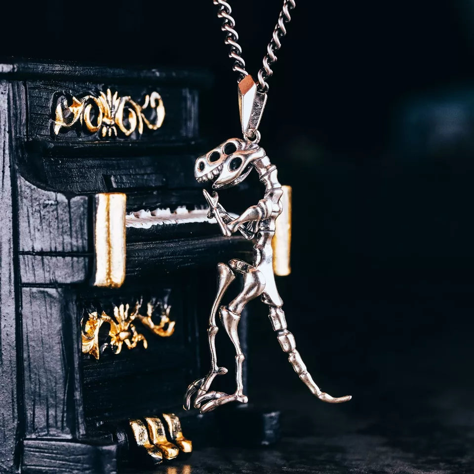 Silver Dinosaur necklace. Very cool gift for him. Velociraptor Pendant.