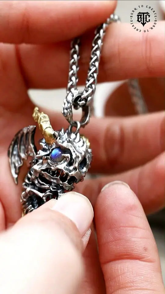 Skeleton Dragon Pendant. Handmade necklace. Sterling Silver. Gift For Him.